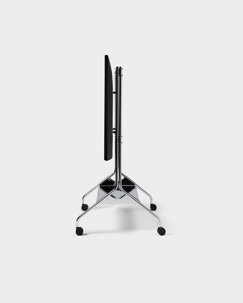 Pedestal Moon Tray Shelf in Chrome, steel tray shelf for a TV stand, fitted to a Chrome stand seen from behind