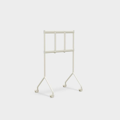 Pedestal Moon Light TV Stand in Pearl, compact steel TV stand on wheels, seen from behind without a screen fitted
