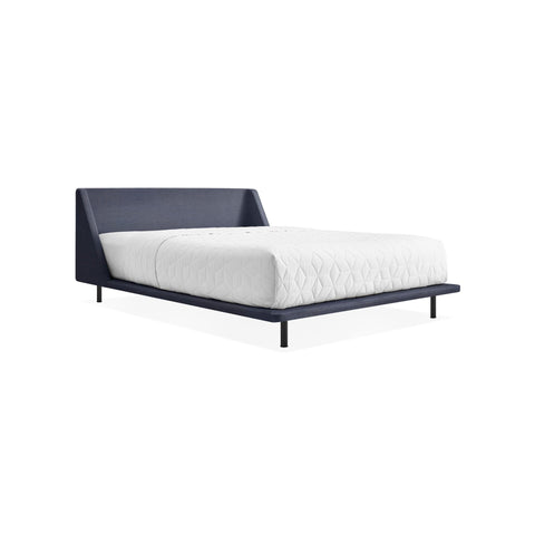 Nook Bed by Blu Dot in Kvadrat Autumn Navy, queen size, low three-quarter view