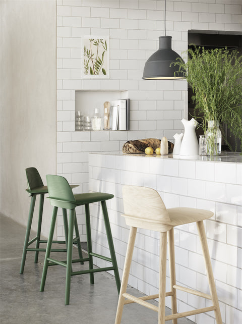 scandinavian kitchen inspiration with muuto nerd counter stool in green and oak