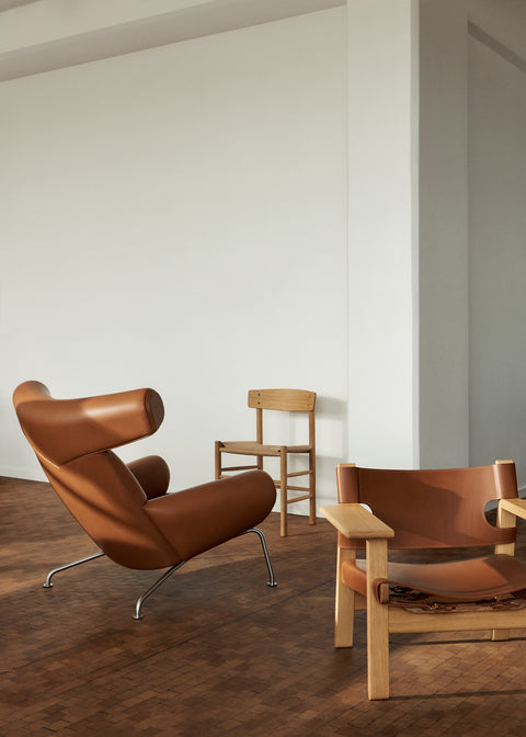 Scandinavian oak and leather lounge chairs and dining chairs by fredericia furniture 