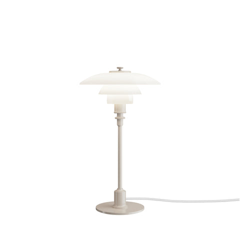 Louis Poulsen PH 2/1 Table Lamp in Glossy Beige, white opal shades on a sand-coloured stem and disc base with a white cord