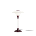 Louis Poulsen PH 2/1 Table Lamp in Glossy Burgundy, white opal shades on a deep red stem and disc base with a black cord