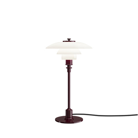 Louis Poulsen PH 2/1 Table Lamp in Glossy Burgundy, white opal shades on a deep red stem and disc base with a black cord