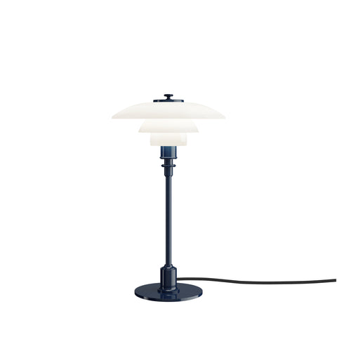 Louis Poulsen PH 2/1 Table Lamp in Glossy Deep Blue, white opal shades on a navy stem and disc base with a black cord