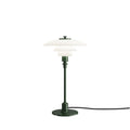 Louis Poulsen PH 2/1 Table Lamp in Glossy Deep Green, white opal shades on a dark green stem and disc base with a black cord