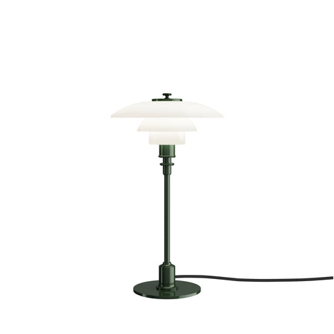 Louis Poulsen PH 2/1 Table Lamp in Glossy Deep Green, white opal shades on a dark green stem and disc base with a black cord