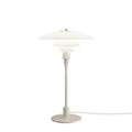 Louis Poulsen PH 3/2 Glass Table Lamp in Glossy Beige, three white opal shades on a sand-coloured stem with a white cord