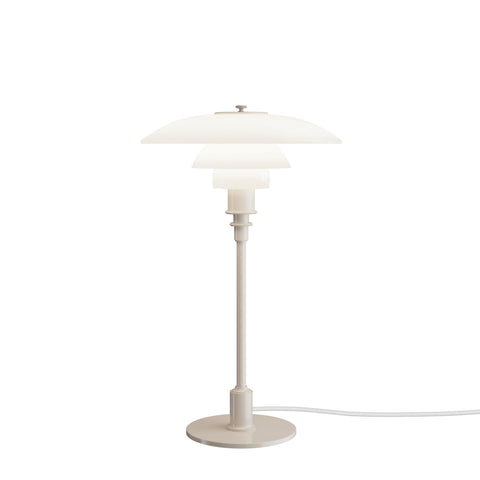 Louis Poulsen PH 3/2 Glass Table Lamp in Glossy Beige, three white opal shades on a sand-coloured stem with a white cord