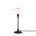 Louis Poulsen PH 3/2 Glass Table Lamp in Glossy Burgundy, three white opal shades on a deep red stem and disc base