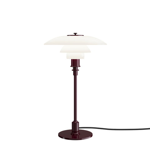 Louis Poulsen PH 3/2 Glass Table Lamp in Glossy Burgundy, three white opal shades on a deep red stem and disc base