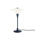 Louis Poulsen PH 3/2 Glass Table Lamp in Glossy Deep Blue, three white opal shades on a navy stem and disc base
