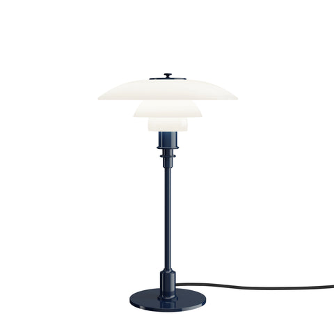 Louis Poulsen PH 3/2 Glass Table Lamp in Glossy Deep Blue, three white opal shades on a navy stem and disc base