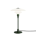 Louis Poulsen PH 3/2 Glass Table Lamp in Glossy Deep Green, three white opal shades on a dark green stem and disc base