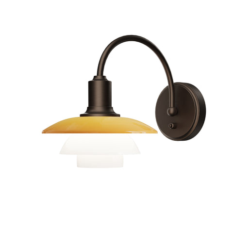 Louis Poulsen PH 2/2 Wall Lamp Centenary Edition with switch, amber shade over a white opal lower shade on a curved aged brass arm