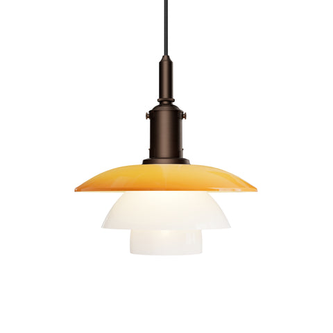 Louis Poulsen PH 3/3 Pendant Centenary Edition, glossy amber upper shade over white opal lower shades on an aged brass suspension