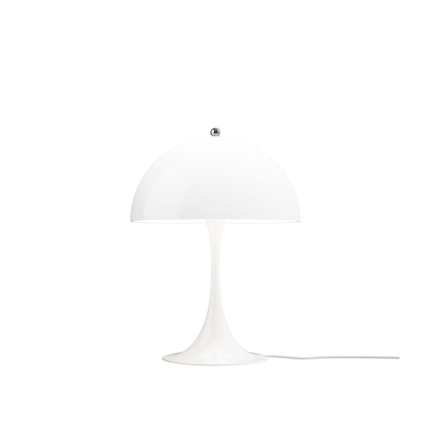 Panthella 320 Table Lamp by Louis Poulsen in opal white with curved acrylic shade and slender trumpet base, designed by Verner Panton.