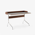 Pavilion AV17 Desk in chrome with charcoal linoleum top and lacquered walnut edge by &Tradition—refined and sculptural.