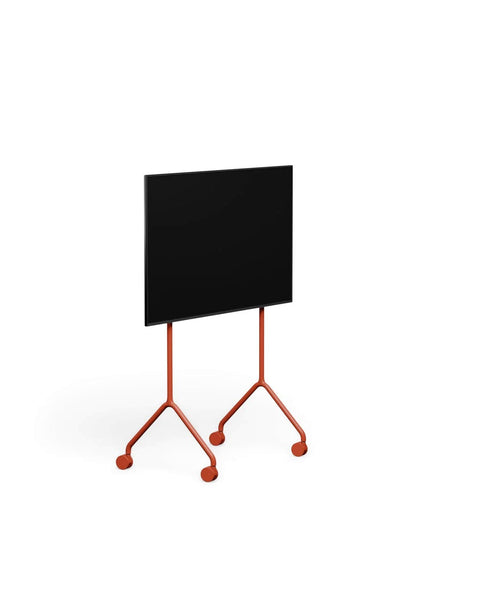 Pedestal Moon Light TV Stand in Burnin' Red, compact TV floor stand holding a flat screen TV, on a plain white background