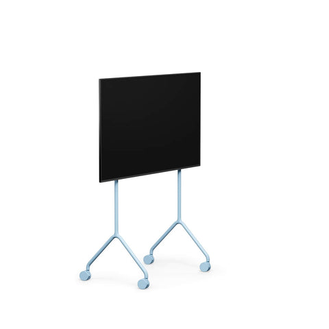 Pedestal Moon Light TV Stand in Powder Blue, compact TV floor stand holding a flat screen TV, on a plain white background
