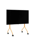 Pedestal Moon TV Stand in Apricot, rolling TV stand on wheels holding a flat screen TV, on a plain white background