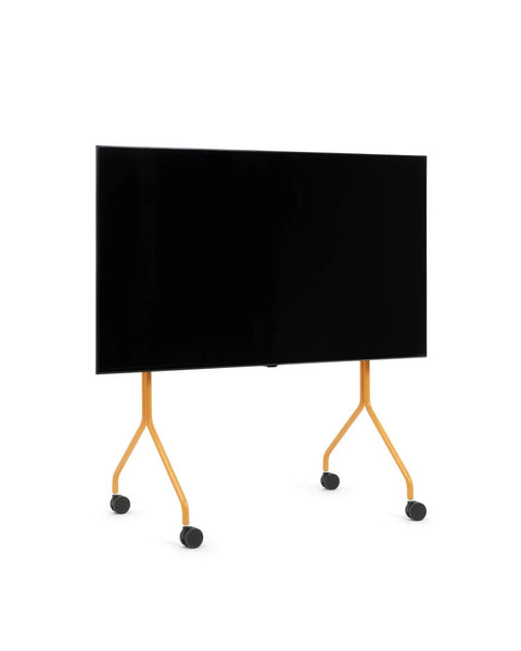 Pedestal Moon TV Stand in Apricot, rolling TV stand on wheels holding a flat screen TV, on a plain white background