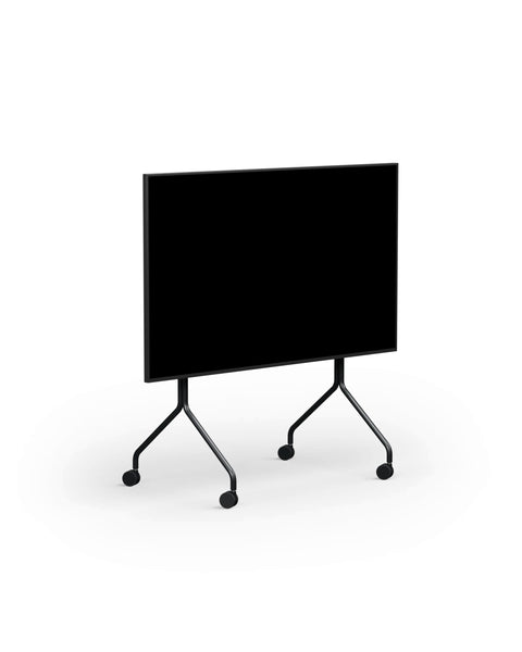 Pedestal Moon TV Stand in Charcoal, rolling TV stand on wheels holding a flat screen TV, on a plain white background