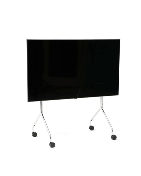 Pedestal Moon TV Stand in Chrome, rolling TV stand on wheels holding a flat screen TV, on a plain white background