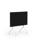 Pedestal Moon TV Stand in Pearl, rolling TV stand on wheels holding a flat screen TV, on a plain white background