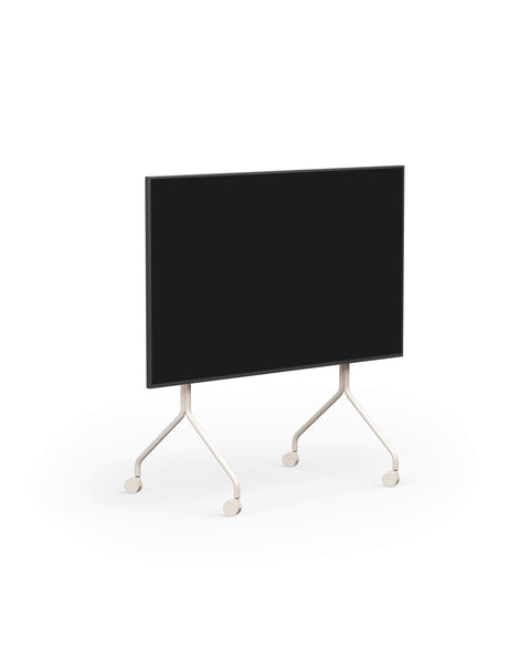 Pedestal Moon TV Stand in Pearl, rolling TV stand on wheels holding a flat screen TV, on a plain white background