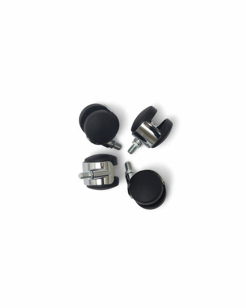 Pedestal Wheels in Chrome, set of four furniture wheels, on a plain white background