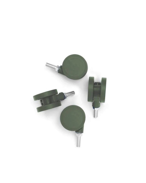 Pedestal Wheels in Mossy Green, set of four furniture wheels, on a plain white background