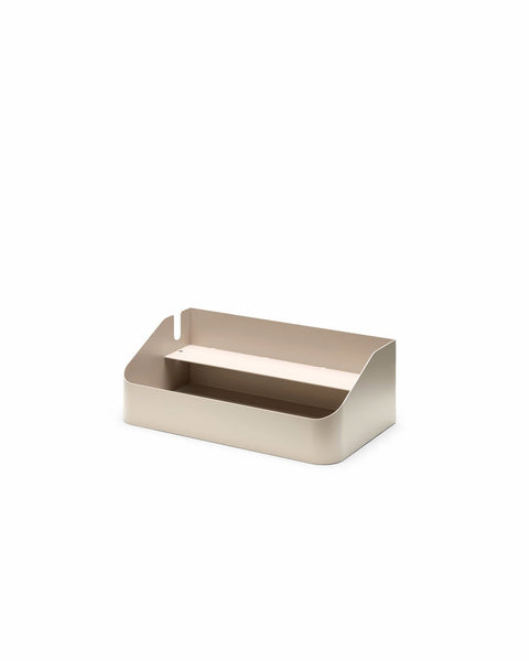 Pedestal Power Beam Tray in Oat, steel cable tray holding a power beam, on a plain white background