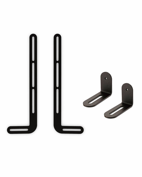 Pedestal Soundbar Bracket Set in Charcoal, pair of steel soundbar angle brackets, on a plain white background