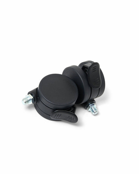 Pedestal Wheels with Brakes in Charcoal, pair of braked furniture wheels, on a plain white background
