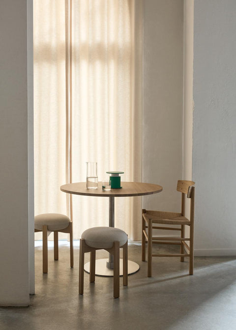 Pioneer Stools at small round table with J39 chair, oak and textile finishes