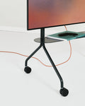 Pedestal Moon Shelf in Charcoal, steel shelf for a TV stand, fitted to a Charcoal stand with a media box on it