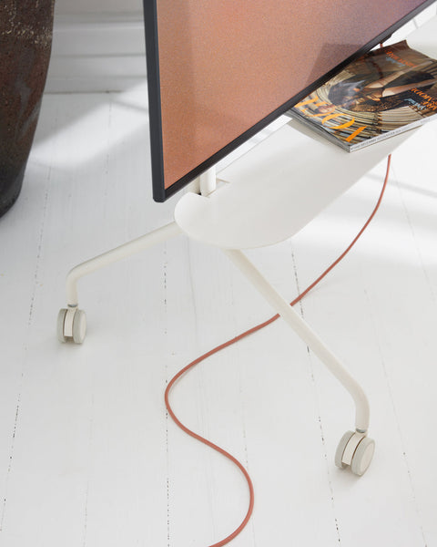Pedestal Moon Shelf in Pearl, steel shelf for a TV stand, fitted to a Pearl stand holding books and a cable