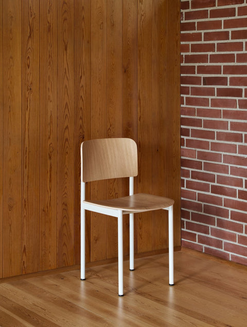 minimalist wood dining chair with white metal frame by fredericia