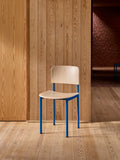 Scandinavian dining chair with blue metal frame and oak wood by fredericia