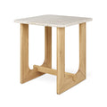 Portico End Table by Gus Modern in White Oak finish with natural travertine top, shown on a white background.