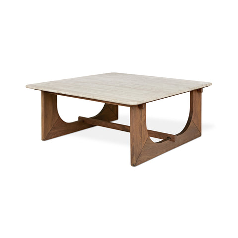 Portico Square Coffee Table by Gus Modern in walnut with travertine top — a sculptural modern design featuring a solid wood base and soft organic curves.