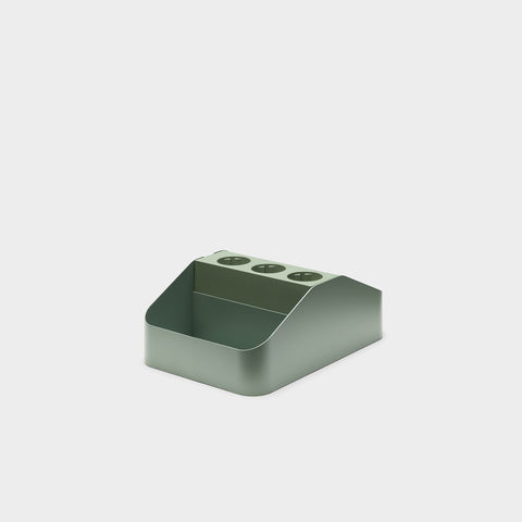 Pedestal Power Bar Tray Double in Mossy Green, steel power bar holder with two compartments, seen from above