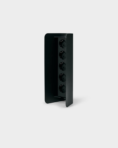 Pedestal Power Shell in Charcoal, steel power beam enclosure, standing upright with the sockets showing