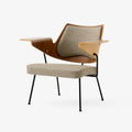 RFH Lounge Chair RD8 in walnut and beech with taupe upholstery — angled front view
