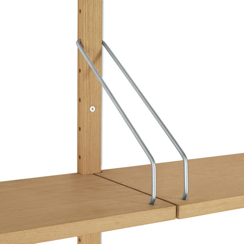 DK3 Royal System Shelving 3 Bay with Drawers and Lower Cabinet in Oiled Oak and Stainless Steel, oak shelf detail, steel hangers on an oak rail