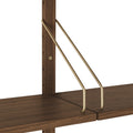 DK3 Royal System Shelving Add-On Bay in Walnut and Brass, walnut wall shelf detail, brass hangers hooked onto a solid walnut rail