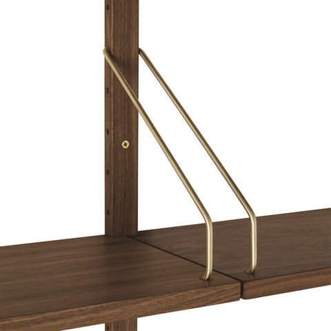 DK3 Royal System Shelving Add-On Bay in Walnut and Brass, walnut wall shelf detail, brass hangers hooked onto a solid walnut rail