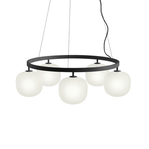 Muuto Rime Chandelier 5 in black with five frosted glass globes and circular metal frame, contemporary Scandinavian lighting fixture