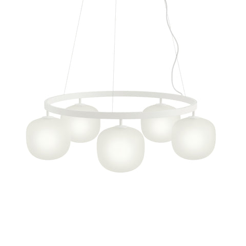 Muuto Rime Chandelier 5 in white with five frosted glass globes and circular metal frame, modern Scandinavian ceiling light
